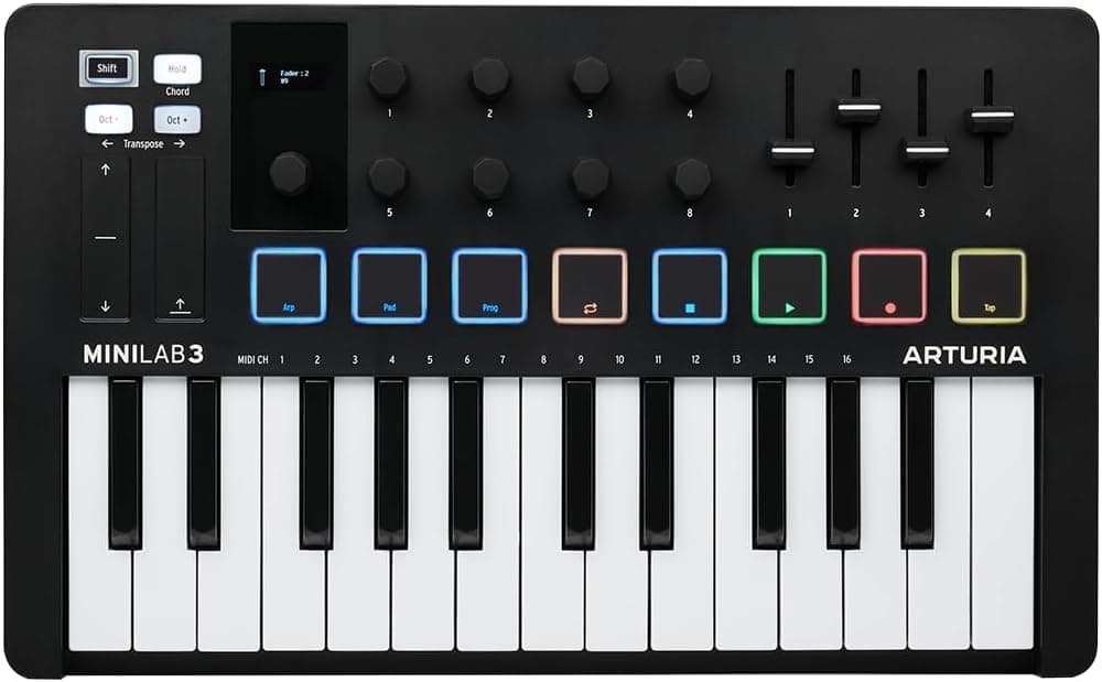 کنترلر MIDI Arturia مدل MiniLab 3 ۲۵ کلید ۸ پد چندرنگ مشکی کنترلر MIDI Arturia مدل MiniLab 3 ۲۵ کلید ۸ پد چندرنگ مشکی