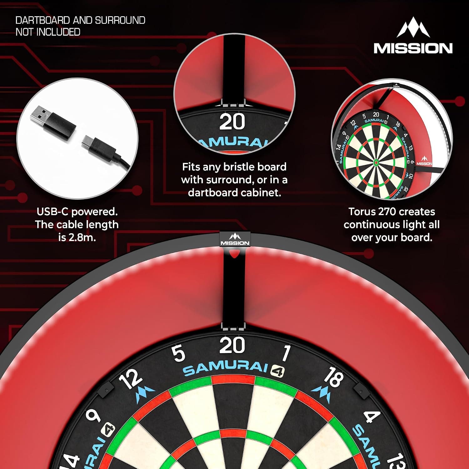 سیستم نورپردازی صفحه دارت Mission Darts مدل Torus 120° با LED سفید روشن، قابل حمل و USB C سیستم نورپردازی صفحه دارت Mission Darts مدل Torus 120° با LED سفید روشن، قابل حمل و USB C