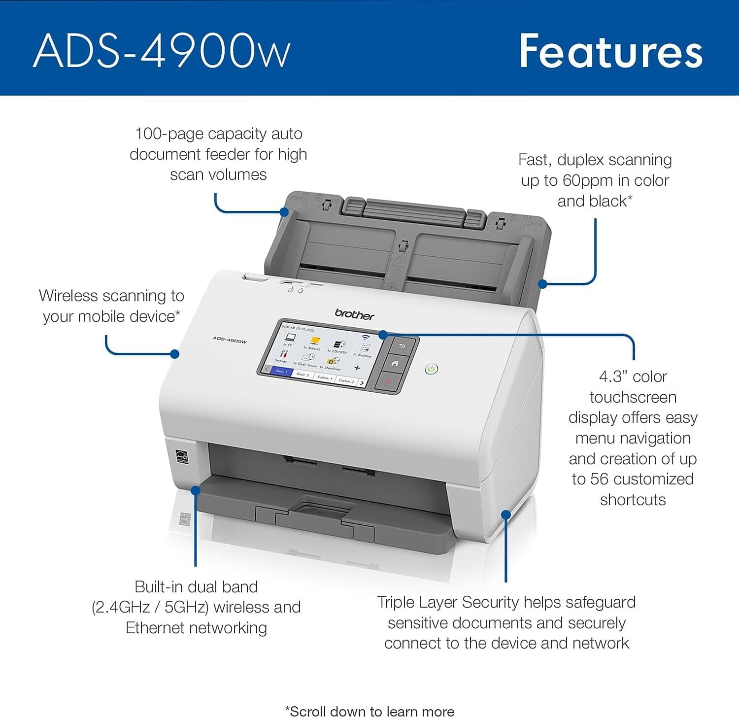 اسکنر رومیزی حرفهای BROTHER دوطرفه بیسیم با سرعت اسکن بالا و نمایشگر لمسی بزرگ سفید مدل ADS-4900W اسکنر رومیزی حرفهای BROTHER دوطرفه بیسیم با سرعت اسکن بالا و نمایشگر لمسی بزرگ سفید مدل ADS-4900W
