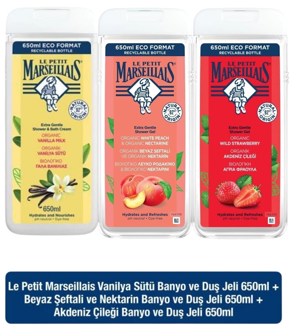 ژل دوش زنانه Le Petit Marseillais هلو سفید و نکتارین، شیر وانیلی، توت فرنگی 650ml ×3 ژل دوش زنانه Le Petit Marseillais هلو سفید و نکتارین، شیر وانیلی، توت فرنگی 650ml ×3