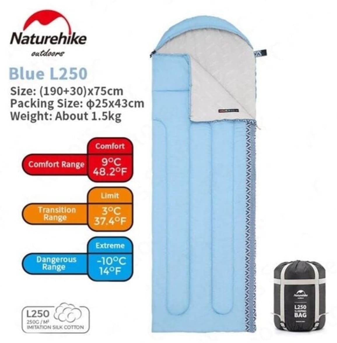 کیسه خواب Naturehike -10 درجه آبی مدل L250 کیسه خواب Naturehike -10 درجه آبی مدل L250