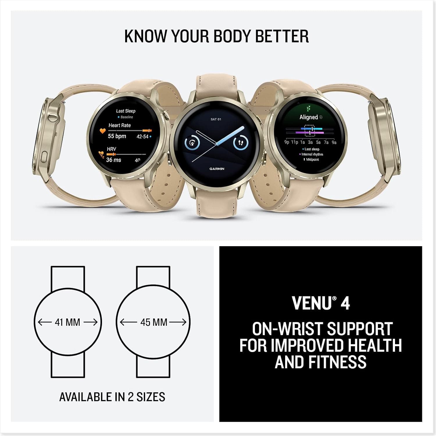 ساعت هوشمند Garmin بند چرمی طلایی 41 mm مدل Venu 4 ساعت هوشمند Garmin بند چرمی طلایی 41 mm مدل Venu 4
