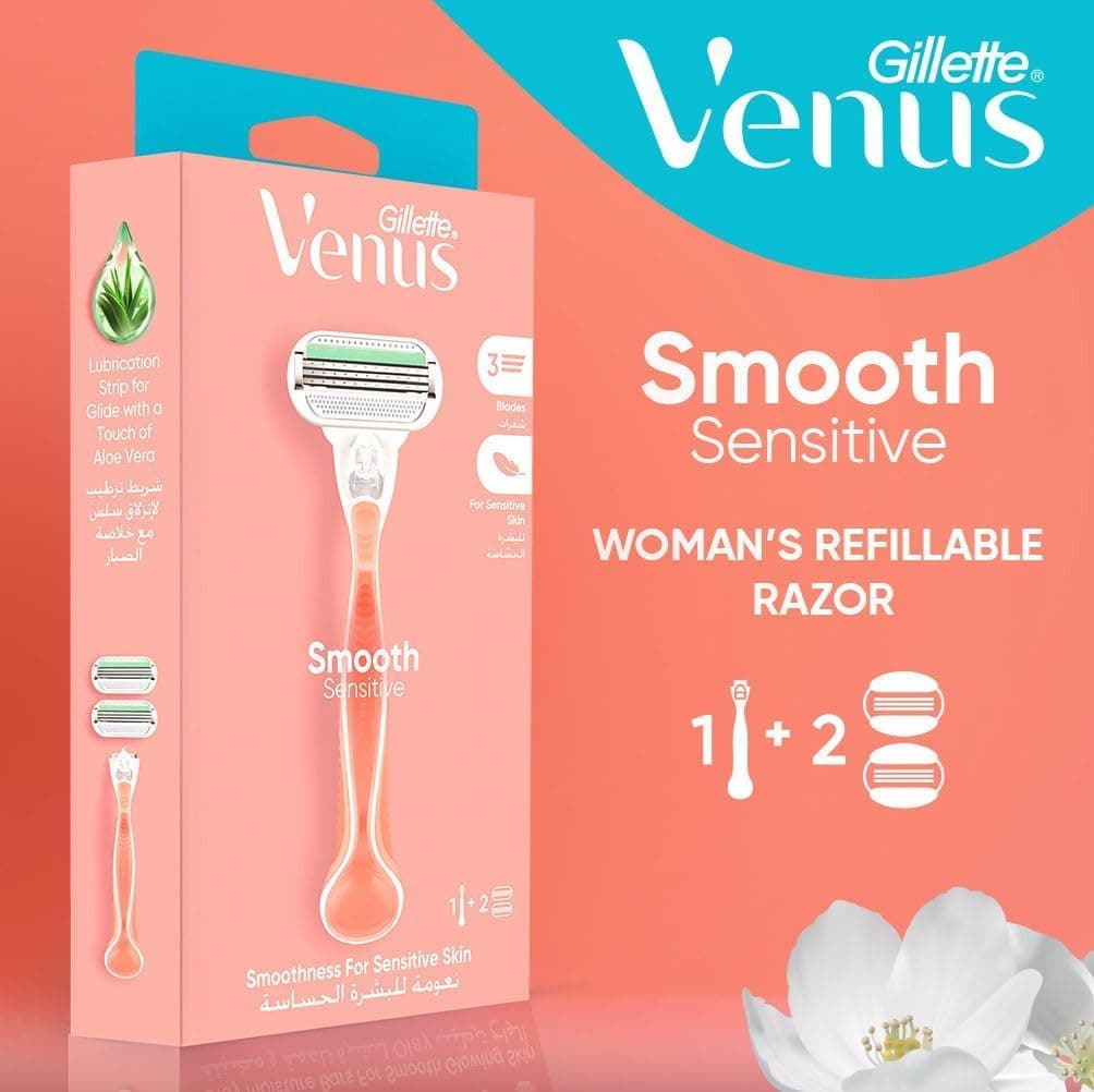 تیغ اصلاح زنانه Gillette Venus Smooth Sensitive قابل تعویض با 1 دسته و 2 تیغ یدکی تیغ اصلاح زنانه Gillette Venus Smooth Sensitive قابل تعویض با 1 دسته و 2 تیغ یدکی