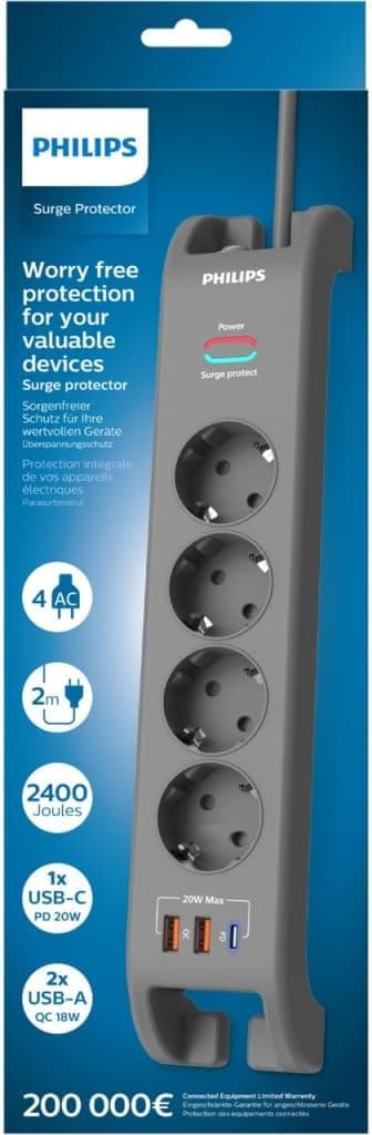 پریز برق PHILIPS مدل SPN4140GA/62 ۴ سوکت محافظ جریان شارژ سریع USB-C خاکستری پریز برق PHILIPS مدل SPN4140GA/62 ۴ سوکت محافظ جریان شارژ سریع USB-C خاکستری