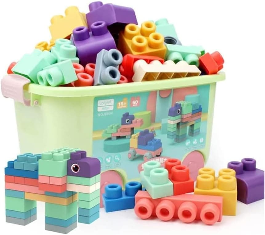 اسباببازی بلوکی ساختنی آموزشی کودک ۱ تا ۳ سال AMERTEER لاستیکی نرم، همراه سطل نگهداری 50Pcs اسباببازی بلوکی ساختنی آموزشی کودک ۱ تا ۳ سال AMERTEER لاستیکی نرم، همراه سطل نگهداری 50Pcs