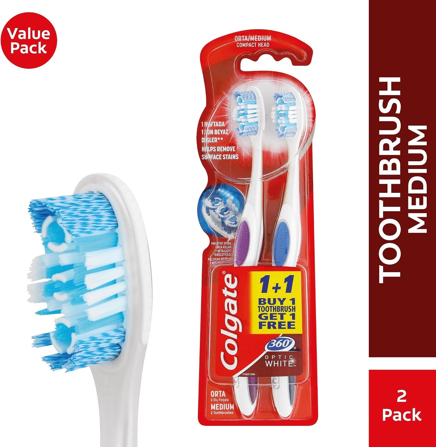 مسواک سفیدکننده متوسط Colgate 360 Optik Beyaz با پاککننده زبان و گونه 1+1 مسواک سفیدکننده متوسط Colgate 360 Optik Beyaz با پاککننده زبان و گونه 1+1