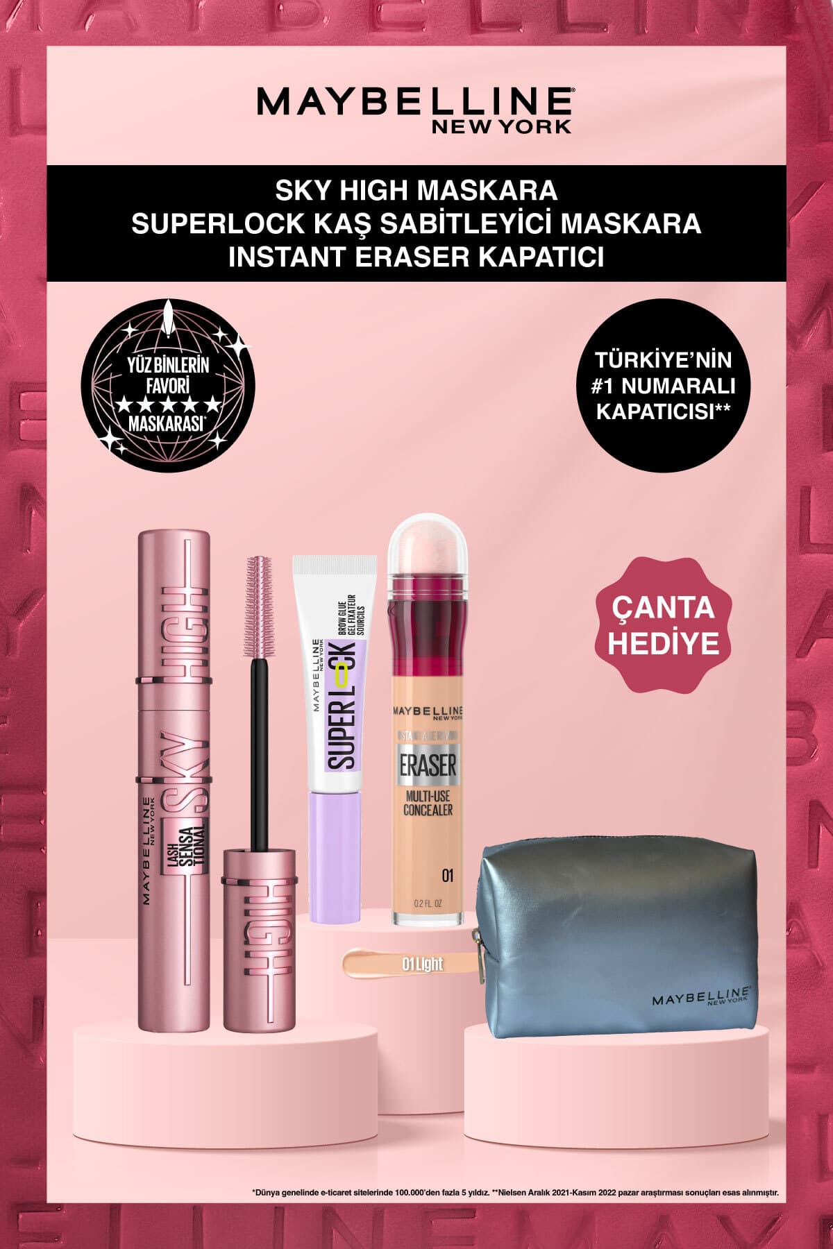 ست آرایشی Maybelline New York ریمل Sky High، ثابتکننده ابرو، کانسیلر 01 و کیف هدیه ست آرایشی Maybelline New York ریمل Sky High، ثابتکننده ابرو، کانسیلر 01 و کیف هدیه