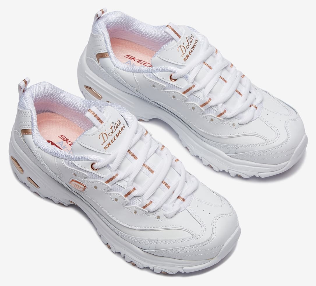 کفش اسنیکرز زنانه Skechers D'lites Biggest Fan سفید/صورتی/طلایی مدل 11931 WTRG کفش اسنیکرز زنانه Skechers D'lites Biggest Fan سفید/صورتی/طلایی مدل 11931 WTRG