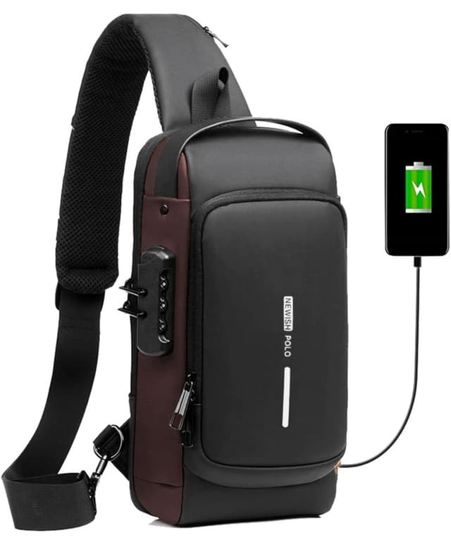 کیف دوشی و کمری مردانه Newish قهوهای با خروجی USB کیف دوشی و کمری مردانه Newish قهوهای با خروجی USB