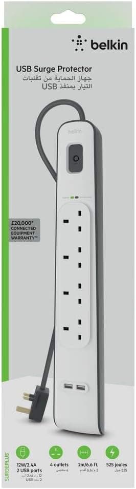 چندراهی برق Belkin هشتخانه با محافظ و 2 پورت USB مشترک 2.4 A و کابل 2 متری چندراهی برق Belkin هشتخانه با محافظ و 2 پورت USB مشترک 2.4 A و کابل 2 متری