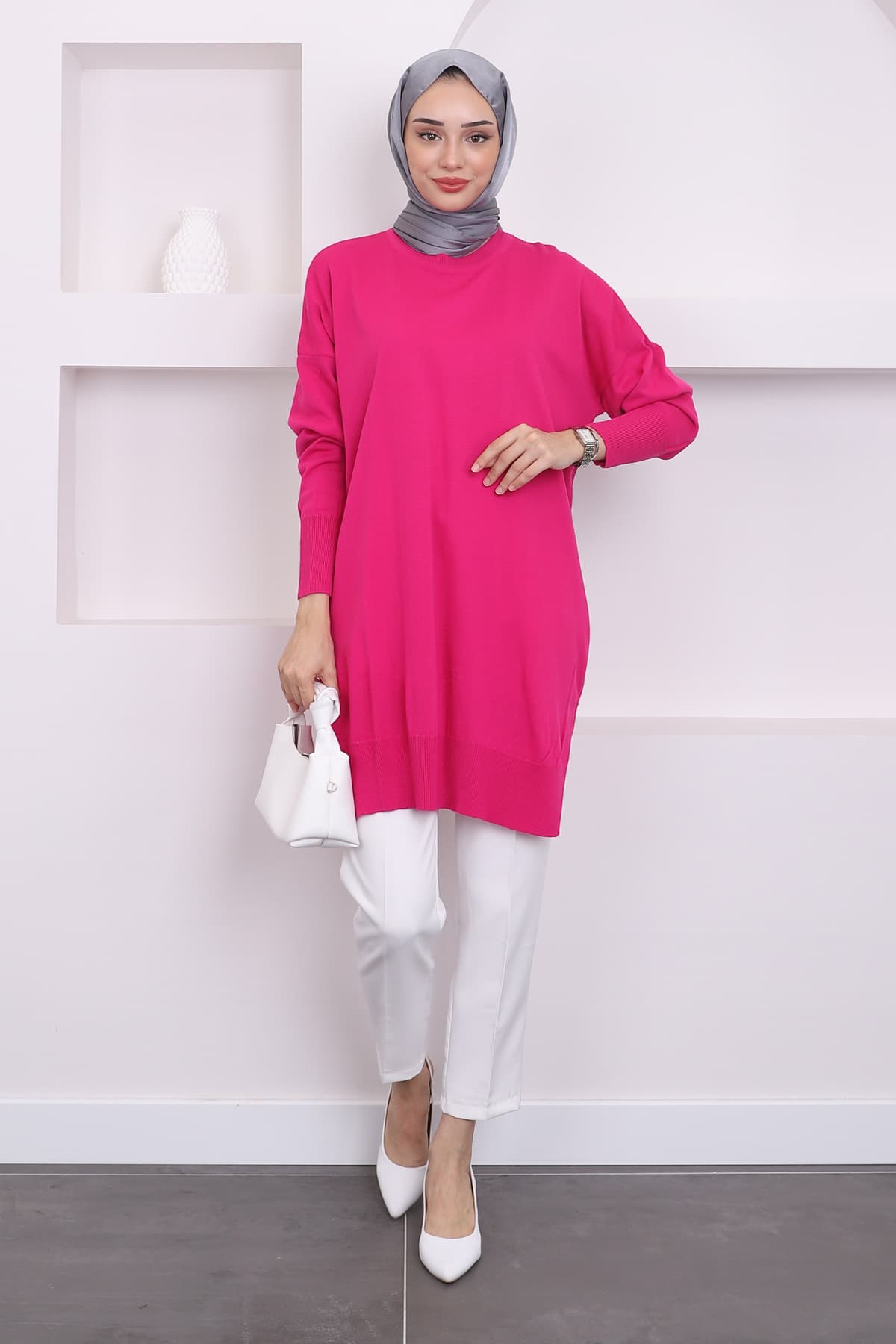 تونیک بافتنی زنانه İmajButik یقه گرد Merserize گشاد فوشیای تیره تونیک بافتنی زنانه İmajButik یقه گرد Merserize گشاد فوشیای تیره