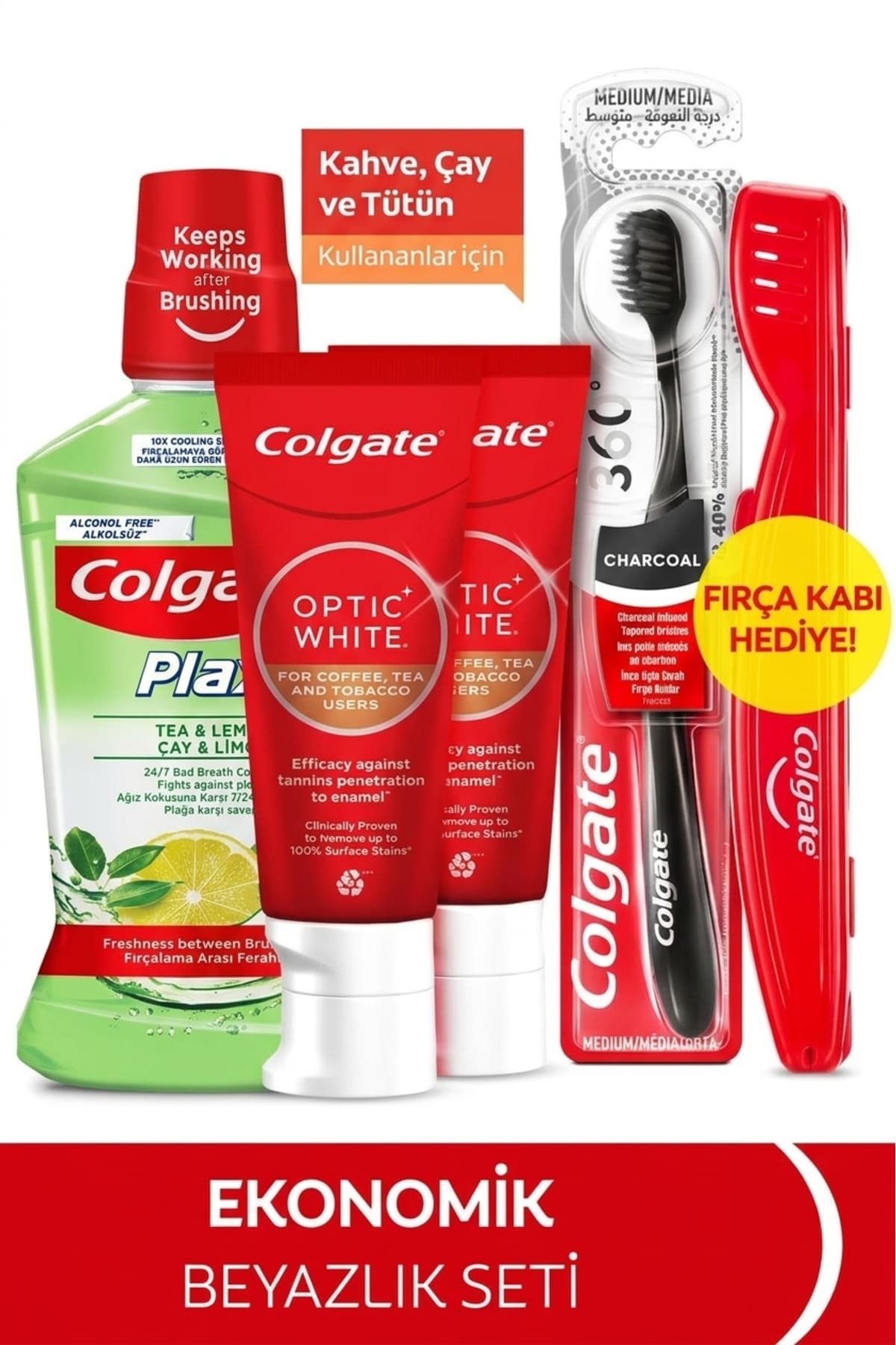 ست خمیردندان Colgate Optic White مخصوص قهوه و چای 50 ml دو عدد، مسواک متوسط و دهانشویه 500 ml ست خمیردندان Colgate Optic White مخصوص قهوه و چای 50 ml دو عدد، مسواک متوسط و دهانشویه 500 ml