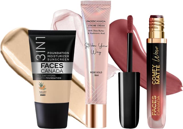 ست آرایشی FACESCANADA Celeb Glow Combo شامل Strobe Cream رزگلد 18ml، Hydra Matte Foundation عاجی مطلق 18ml و Comfy Matte Wow Choco Couture 3.8ml، پک 3 عددی ست آرایشی FACESCANADA Celeb Glow Combo شامل Strobe Cream رزگلد 18ml، Hydra Matte Foundation عاجی مطلق 18ml و Comfy Matte Wow Choco Couture 3.8ml، پک 3 عددی