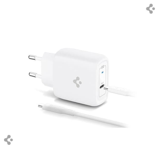 آداپتور Spigen 45W GaN Pro USB-C بههمراه کابل شارژ USB-C بافته سفید مدل PE2015 کد ACH02589 آداپتور Spigen 45W GaN Pro USB-C بههمراه کابل شارژ USB-C بافته سفید مدل PE2015 کد ACH02589