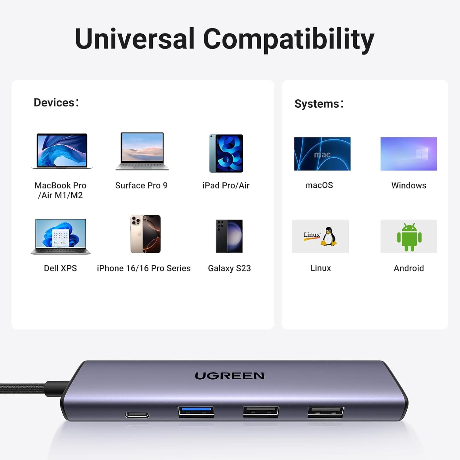 هاب USB C UGREEN با USB A 3.0، PD 100W و HDMI 4K سازگار با MacBook Pro/Air، iPad Pro/Air، Surface Pro/Go و Galaxy Tab، Galaxy S23/S22 هاب USB C UGREEN با USB A 3.0، PD 100W و HDMI 4K سازگار با MacBook Pro/Air، iPad Pro/Air، Surface Pro/Go و Galaxy Tab، Galaxy S23/S22