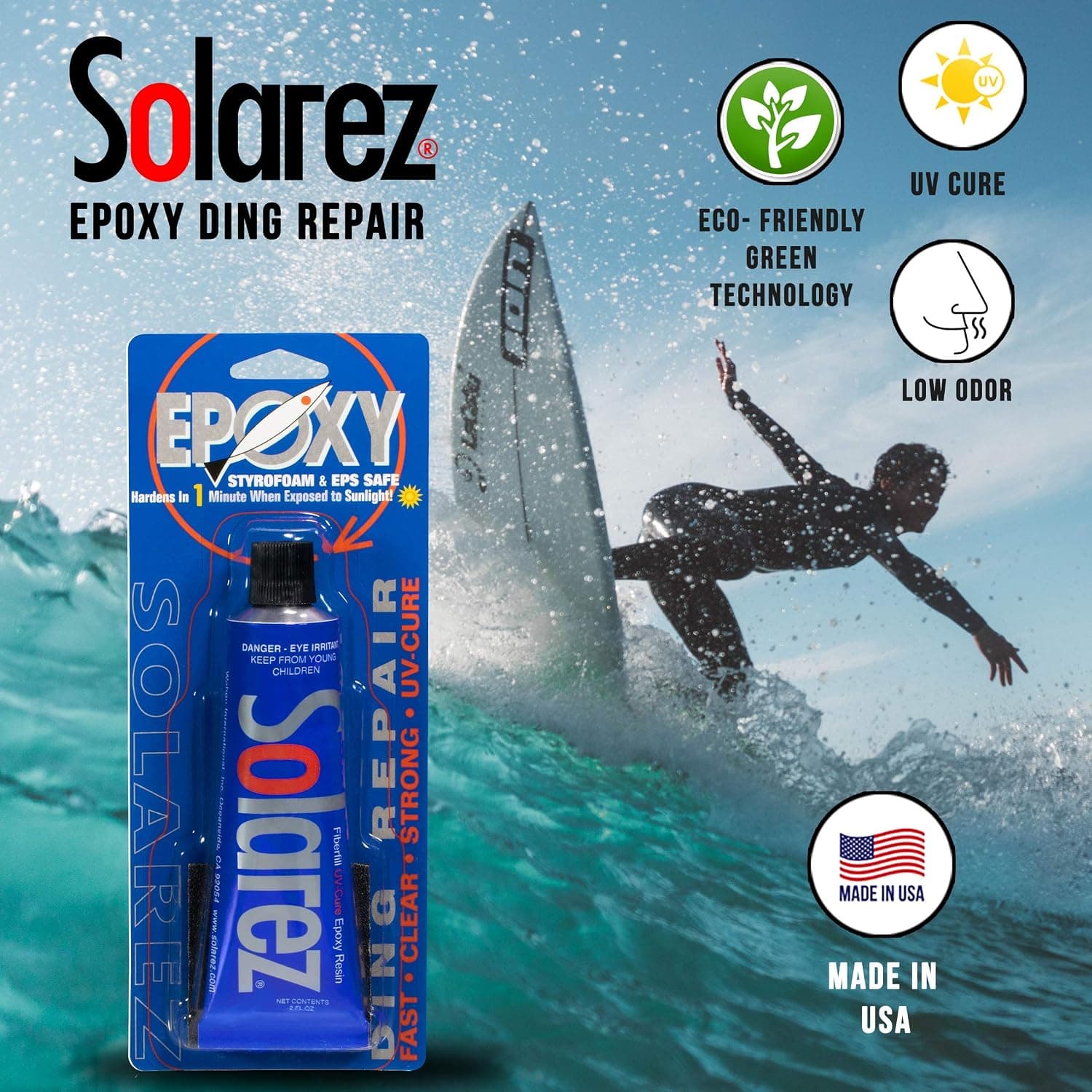 رزین ترمیمی اپوکسی تخته پارویی SUP و تخته موجسواری SOLAREZ خشکشونده با UV، 2 oz همراه پد سنباده 60/40 grit رزین ترمیمی اپوکسی تخته پارویی SUP و تخته موجسواری SOLAREZ خشکشونده با UV، 2 oz همراه پد سنباده 60/40 grit