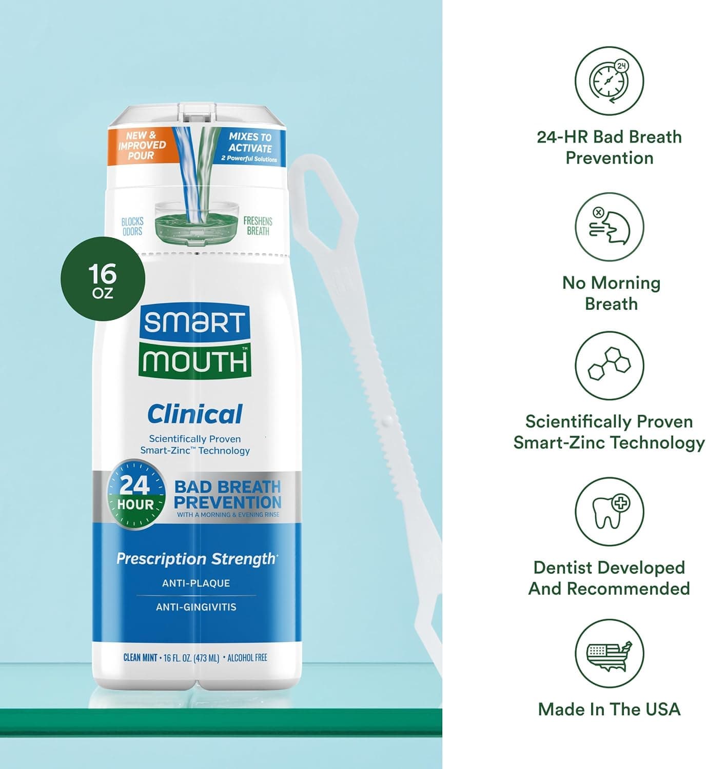 دهانشویه بالینی SmartMouth حاوی روی فعال با تمیزکننده زبان، 16 fl oz دهانشویه بالینی SmartMouth حاوی روی فعال با تمیزکننده زبان، 16 fl oz
