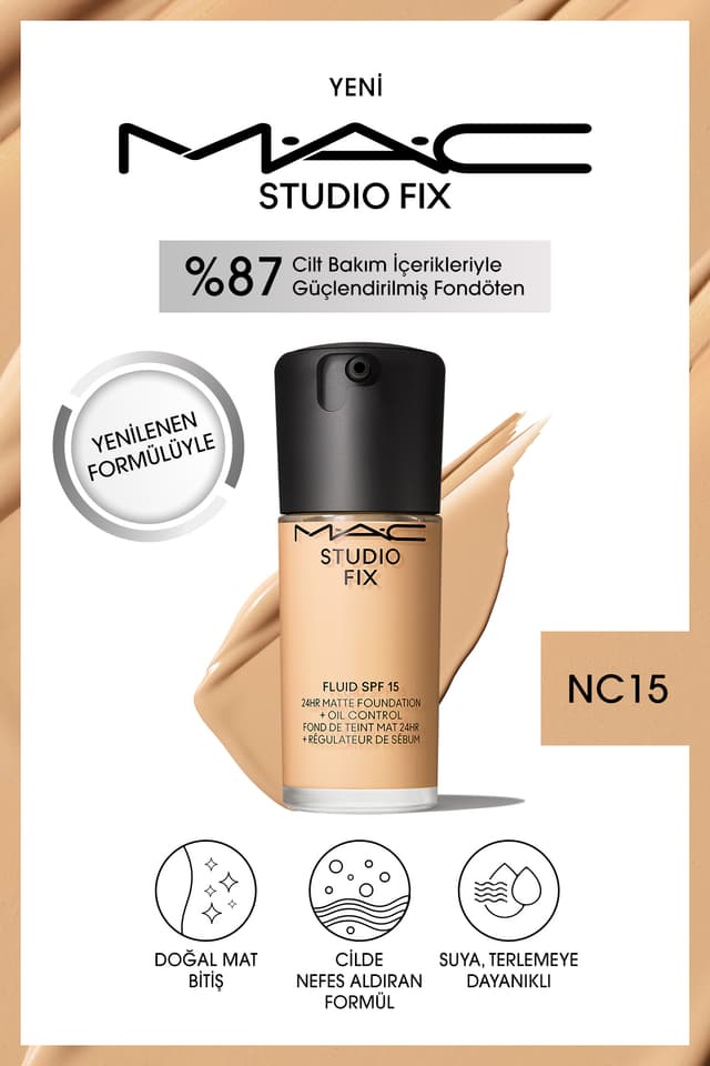 فوندوتن Mac Studio Fix Fluid مات ماندگار تا ۲۴ ساعت SPF15 رنگ NC15 30ml فوندوتن Mac Studio Fix Fluid مات ماندگار تا ۲۴ ساعت SPF15 رنگ NC15 30ml