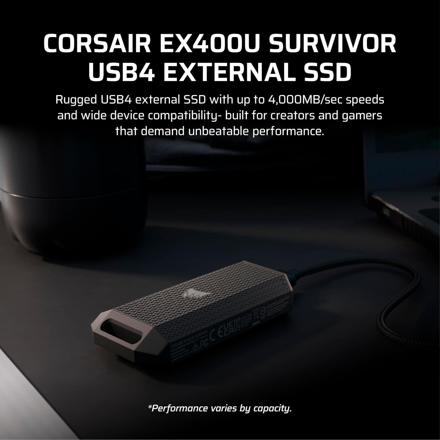SSD اکسترنال برای PC، Mac و iPad Corsair مشکی مقاوم IP55 با سرعت تا 4000 MB/sn مدل EX400U SURVIVOR 2TB USB4 SSD اکسترنال برای PC، Mac و iPad Corsair مشکی مقاوم IP55 با سرعت تا 4000 MB/sn مدل EX400U SURVIVOR 2TB USB4
