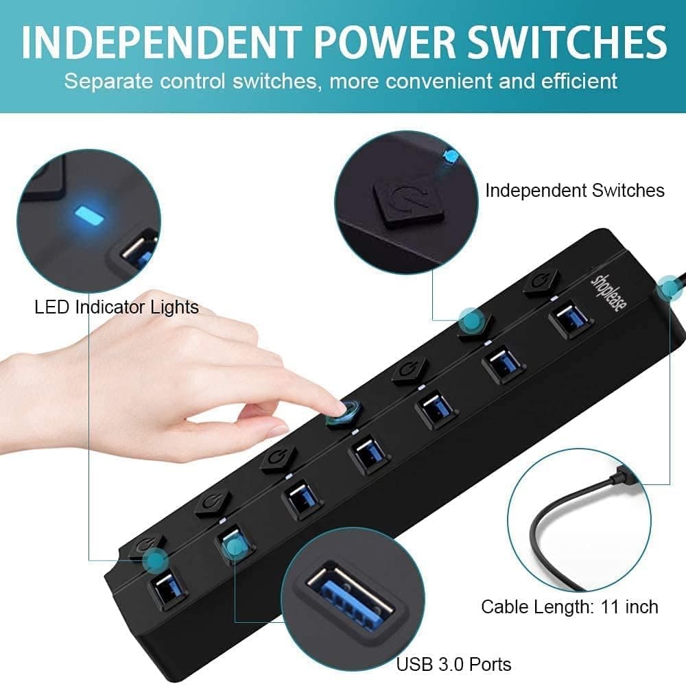 هاب USB 3.0 هفت پورت shoplease با کلید مستقل و چراغ، بدون آداپتور برق هاب USB 3.0 هفت پورت shoplease با کلید مستقل و چراغ، بدون آداپتور برق