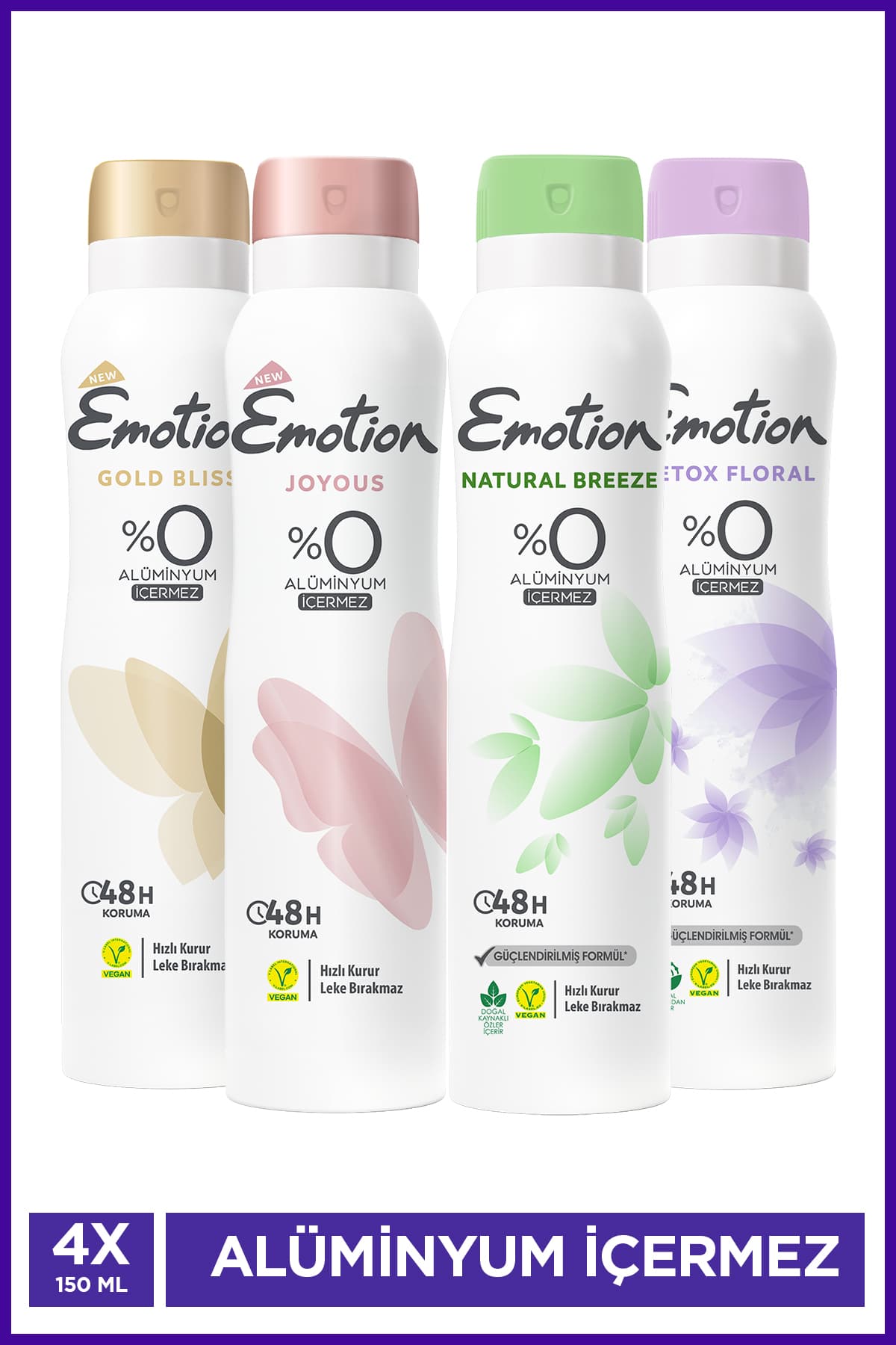 دئودورانت وگان زنانه Emotion خشکشونده سریع و بدون لک 4x150 Ml (Gold Bliss, Joyous, NatBreeze, Detox Floral) دئودورانت وگان زنانه Emotion خشکشونده سریع و بدون لک 4x150 Ml (Gold Bliss, Joyous, NatBreeze, Detox Floral)