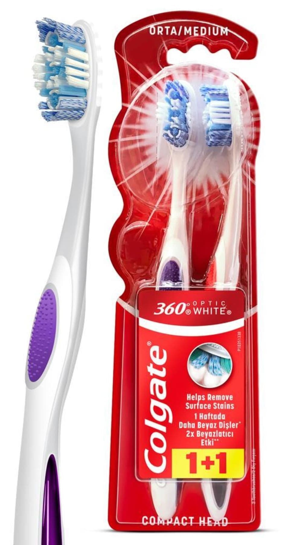 مسواک سفیدکننده متوسط Colgate 360 Optik Beyaz با پاککننده زبان و گونه 1+1 مسواک سفیدکننده متوسط Colgate 360 Optik Beyaz با پاککننده زبان و گونه 1+1