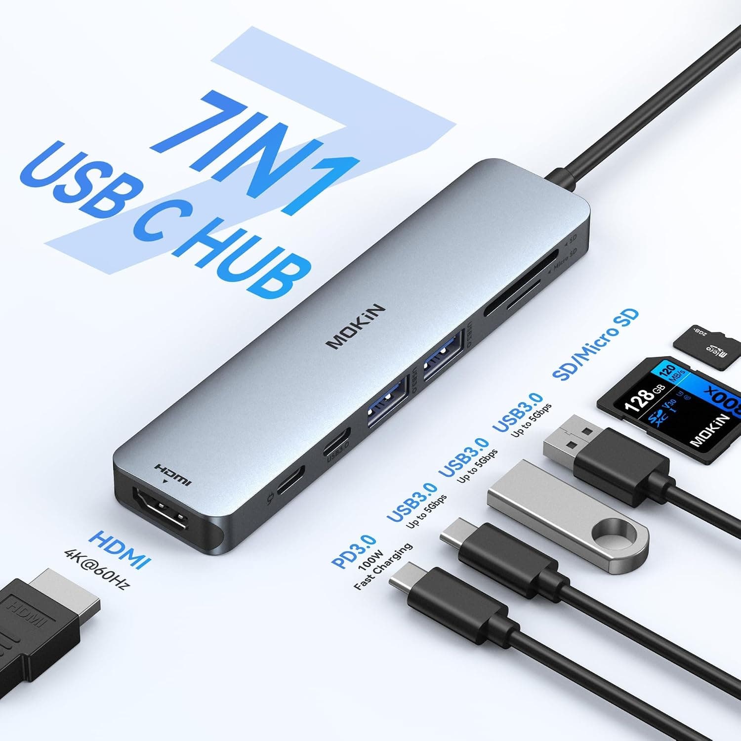 آداپتور MOKiN USB-C به HDMI، کارتخوان SD/MicroSD و ۲ پورت USB 3.0 خاکستری فضایی آداپتور MOKiN USB-C به HDMI، کارتخوان SD/MicroSD و ۲ پورت USB 3.0 خاکستری فضایی