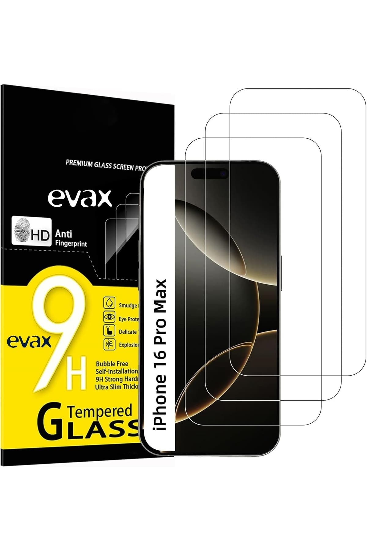محافظ صفحهنمایش EVAX شیشه حرارتدیده HD مقاوم در برابر شکستگی مناسب iPhone 16 Pro Max بسته 3تایی محافظ صفحهنمایش EVAX شیشه حرارتدیده HD مقاوم در برابر شکستگی مناسب iPhone 16 Pro Max بسته 3تایی