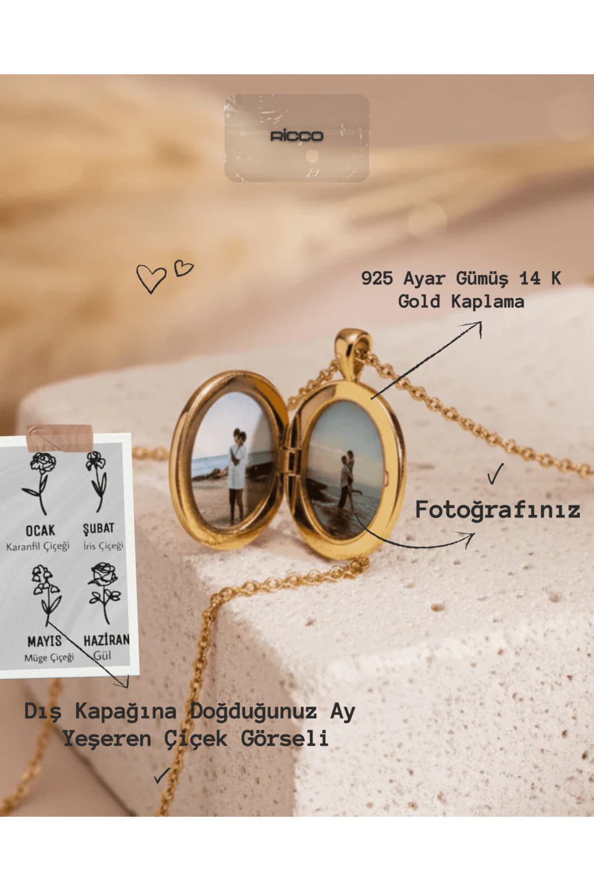 گردنبند Ricco Jewellery نقره 925 با روکش طلای 14 K عکسدار درپوشدار سفارشی گردنبند Ricco Jewellery نقره 925 با روکش طلای 14 K عکسدار درپوشدار سفارشی