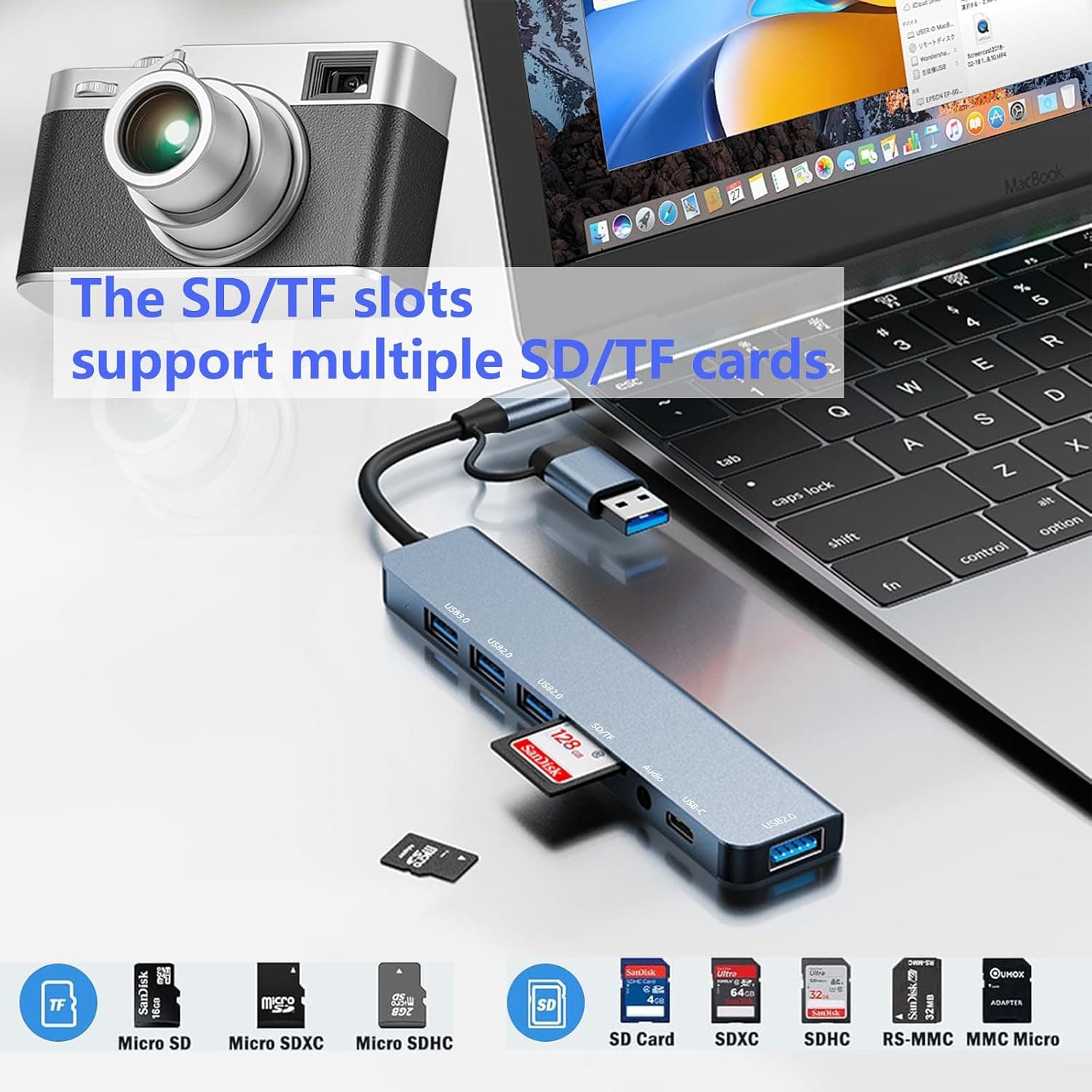 هاب USB-C 8 در 1 برای MacBook Air Loydia با درگاههای USB 3.0، 3 x USB 2.0، SD/TF و 3,5 mm هاب USB-C 8 در 1 برای MacBook Air Loydia با درگاههای USB 3.0، 3 x USB 2.0، SD/TF و 3,5 mm