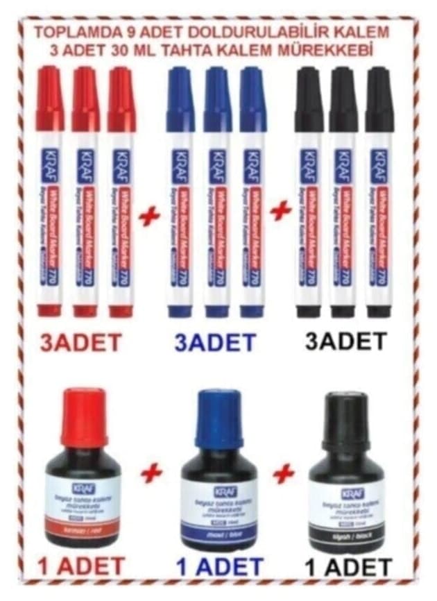 ماژیک وایت برد پرکردنی KRAF 770 ۹ عددی + ۳ عدد جوهر هر رنگ ماژیک وایت برد پرکردنی KRAF 770 ۹ عددی + ۳ عدد جوهر هر رنگ