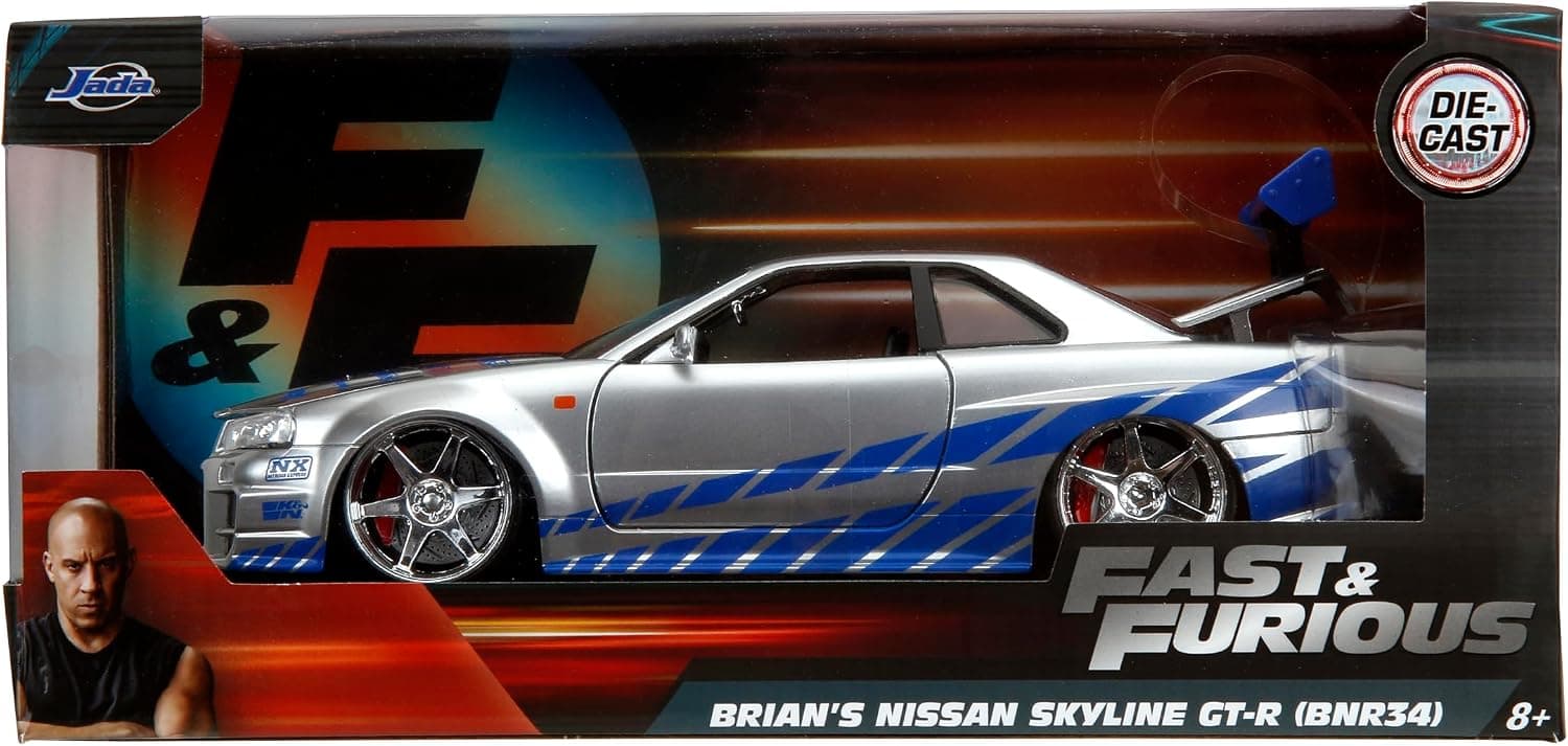 ماشین فلزی Jada از مجموعه Fast & Furious مدل 2002 Nissan Skyline R34، مقیاس 1:24، نقرهای و آبی ماشین فلزی Jada از مجموعه Fast & Furious مدل 2002 Nissan Skyline R34، مقیاس 1:24، نقرهای و آبی