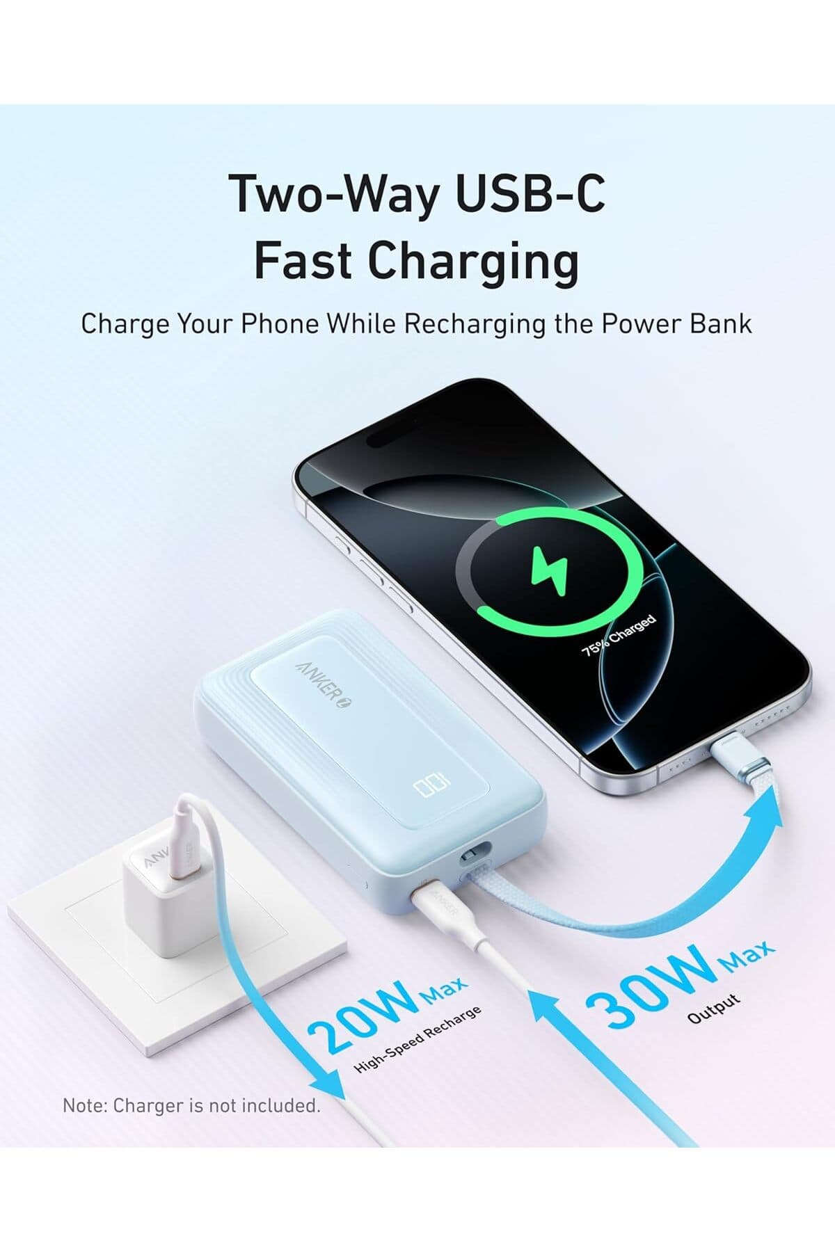 پاوربانک Anker Zolo با توان 30W و کابل USB-C داخلی، سفید مدل 10.000 mAh پاوربانک Anker Zolo با توان 30W و کابل USB-C داخلی، سفید مدل 10.000 mAh