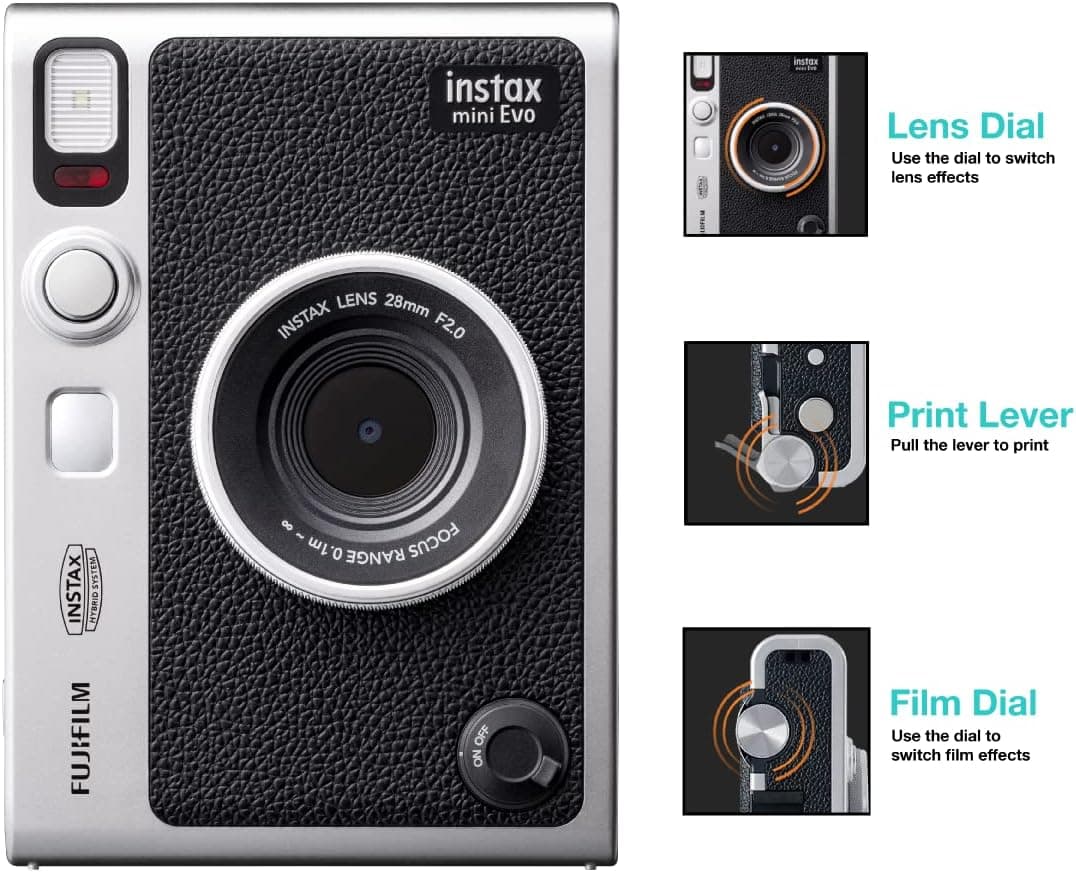 دوربین هیبریدی Fujifilm Instax Mini Evo مشکی با 20 شات فیلم خاکستری سنگی و 100 حالت مختلف دوربین هیبریدی Fujifilm Instax Mini Evo مشکی با 20 شات فیلم خاکستری سنگی و 100 حالت مختلف