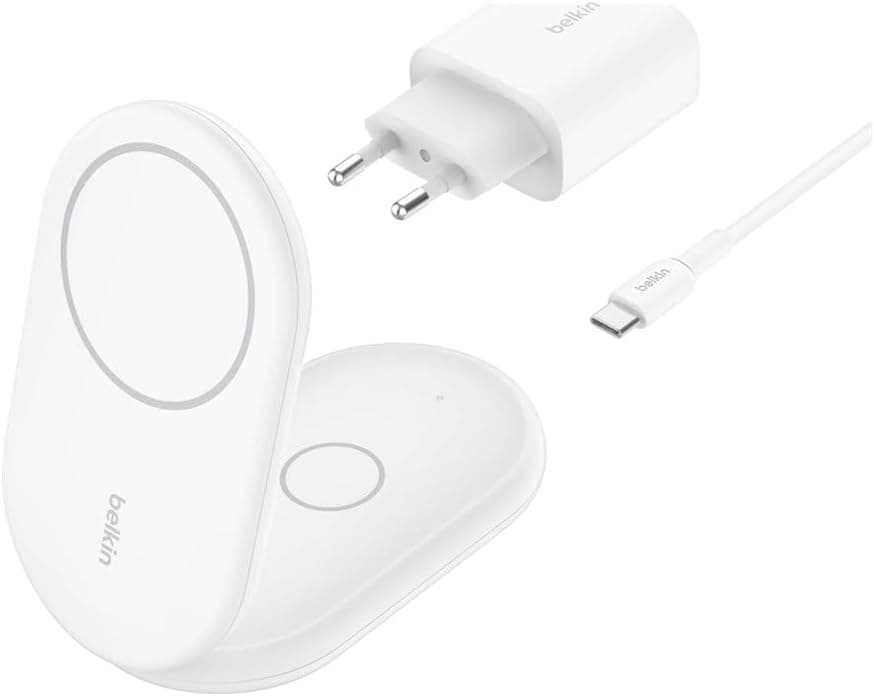 شارژر وایرلس Belkin BoostCharge مغناطیسی تاشو Qi2 توان 15W سازگار MagSafe سفید شارژر وایرلس Belkin BoostCharge مغناطیسی تاشو Qi2 توان 15W سازگار MagSafe سفید