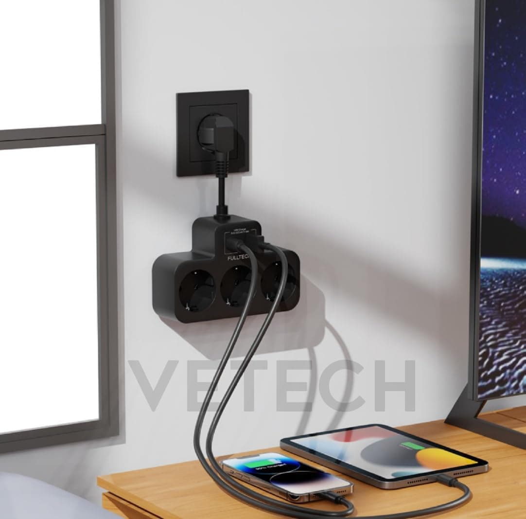 چندراهی Vetech دیواری با محافظ جریان 3x پریز 2x Type-C 1x USB مشکی چندراهی Vetech دیواری با محافظ جریان 3x پریز 2x Type-C 1x USB مشکی