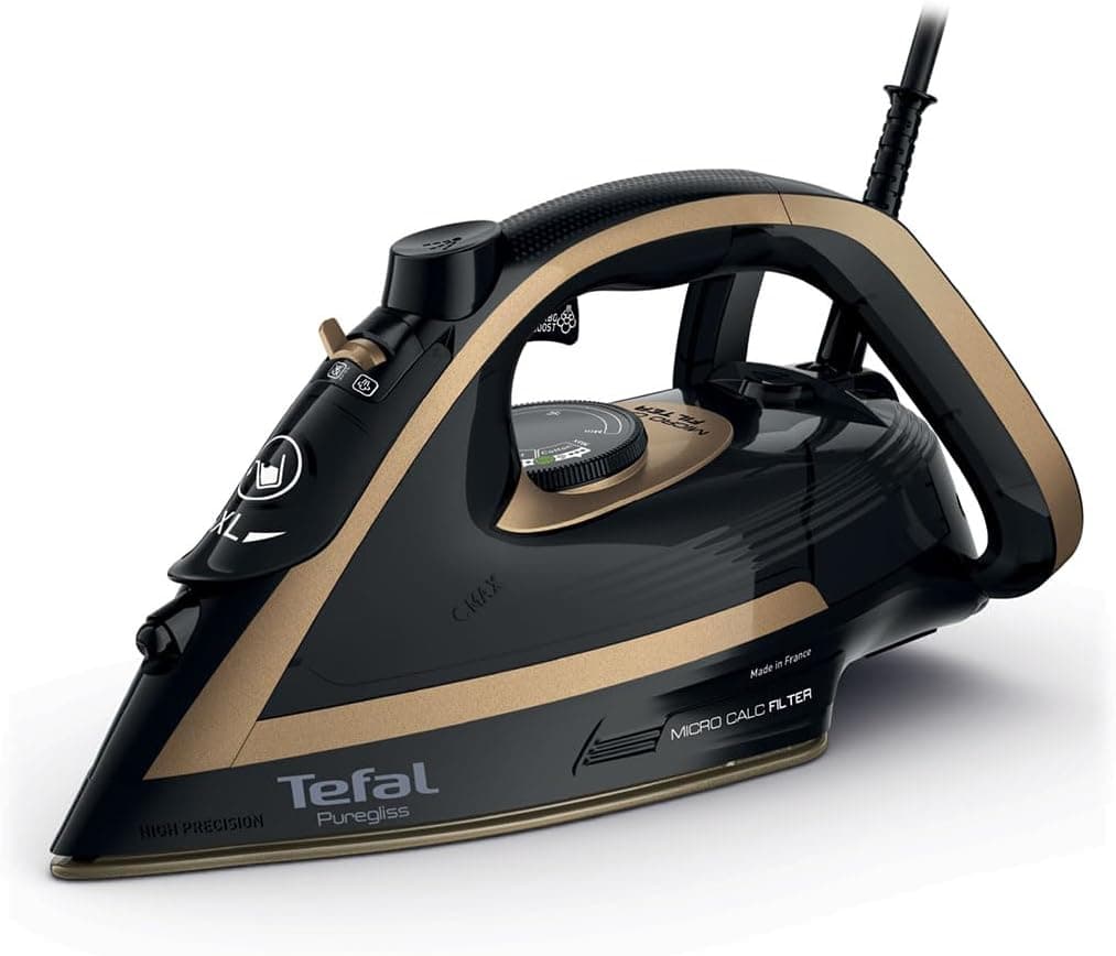 اتو بخار Tefal Puregliss با توان 3000 وات، بخار لحظهای 280 گرم/دقیقه، بخار متغیر 0 تا 50 گرم/دقیقه، بخار عمودی، کفی Durilium AirGlide Autoclean، فیلتر Micro-Calc، مشکی/طلایی مدل FV8064 اتو بخار Tefal Puregliss با توان 3000 وات، بخار لحظهای 280 گرم/دقیقه، بخار متغیر 0 تا 50 گرم/دقیقه، بخار عمودی، کفی Durilium AirGlide Autoclean، فیلتر Micro-Calc، مشکی/طلایی مدل FV8064