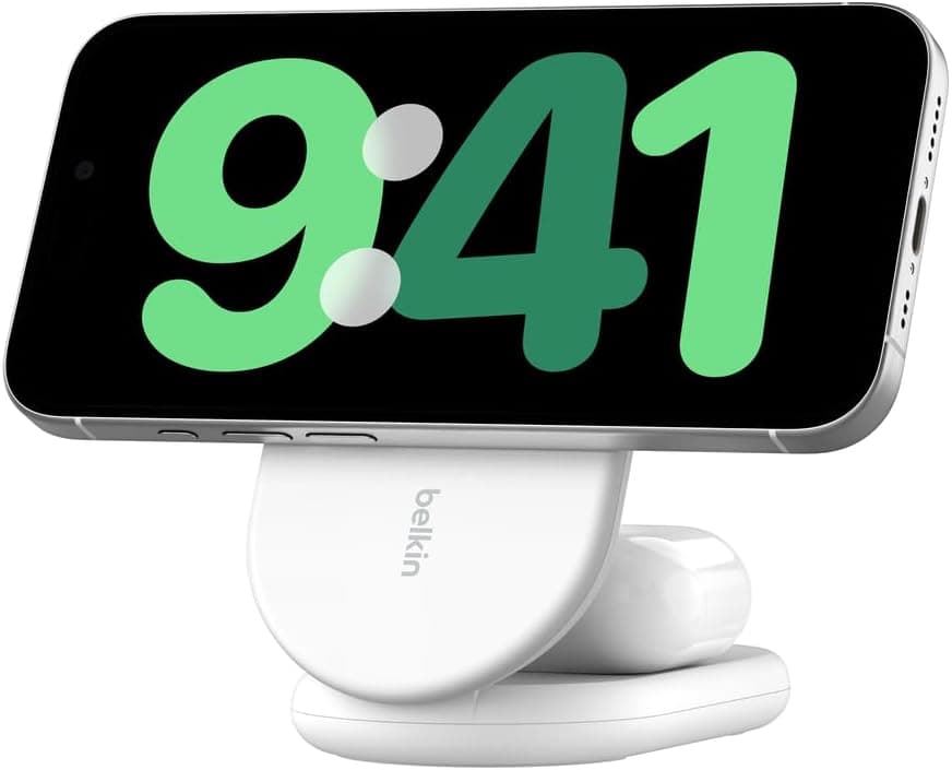 شارژر وایرلس Belkin BoostCharge مغناطیسی تاشو Qi2 توان 15W سازگار MagSafe سفید شارژر وایرلس Belkin BoostCharge مغناطیسی تاشو Qi2 توان 15W سازگار MagSafe سفید