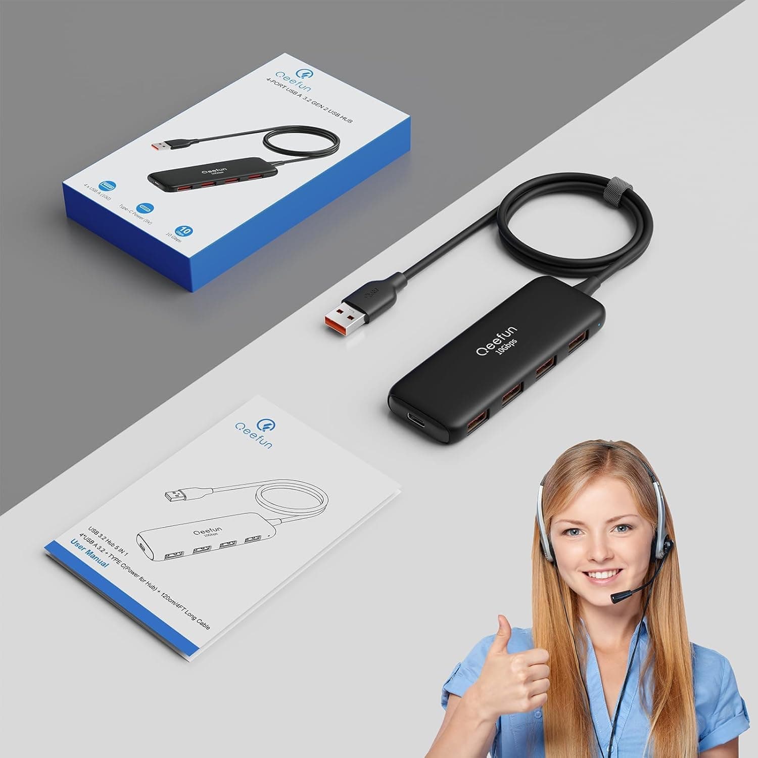 هاب USB Q QEEFUN با ۴ پورت داده USB-A، سرعت 10Gbps و کابل 4ft هاب USB Q QEEFUN با ۴ پورت داده USB-A، سرعت 10Gbps و کابل 4ft