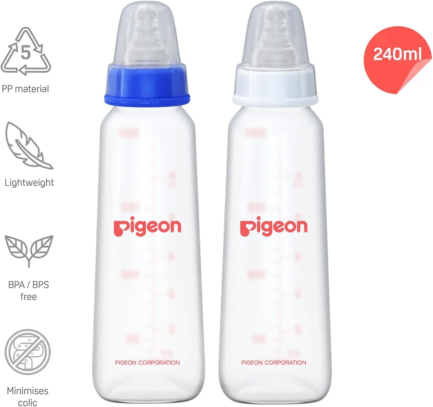 شیشه شیر Pigeon مدل KPP پریستالتیک سرشیر L آبی و سفید 240 ml ۲ تایی شیشه شیر Pigeon مدل KPP پریستالتیک سرشیر L آبی و سفید 240 ml ۲ تایی
