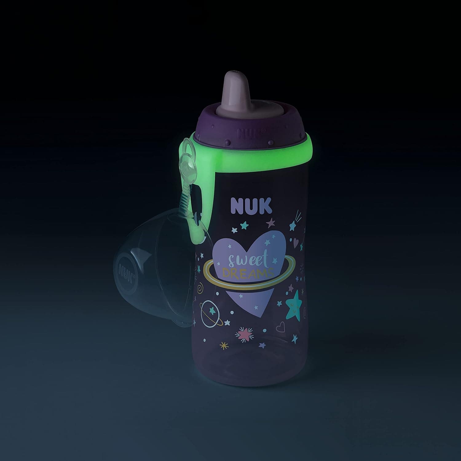 لیوان کودک NUK Kiddy Cup Night 300 ml ضد نشت بنفش درخشان لیوان کودک NUK Kiddy Cup Night 300 ml ضد نشت بنفش درخشان
