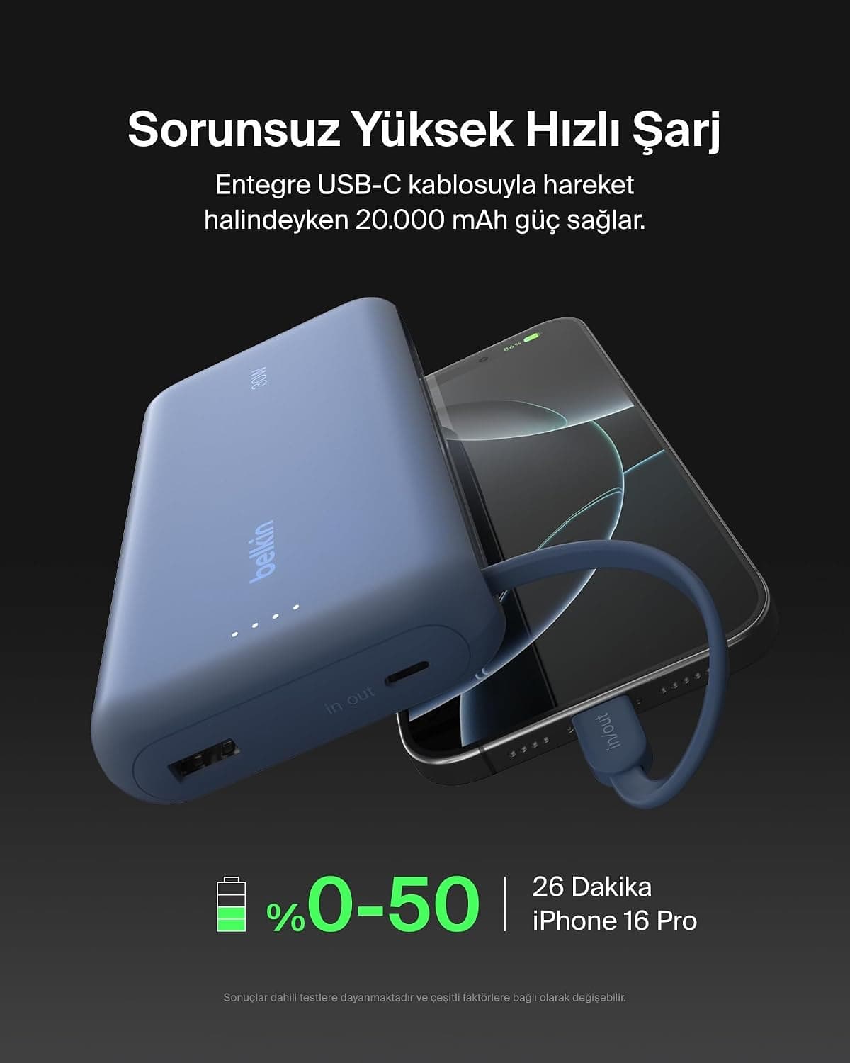 شارژر همراه Belkin 20K با کابل داخلی، شارژ سریع 30 W، USB-C، آبی شارژر همراه Belkin 20K با کابل داخلی، شارژ سریع 30 W، USB-C، آبی