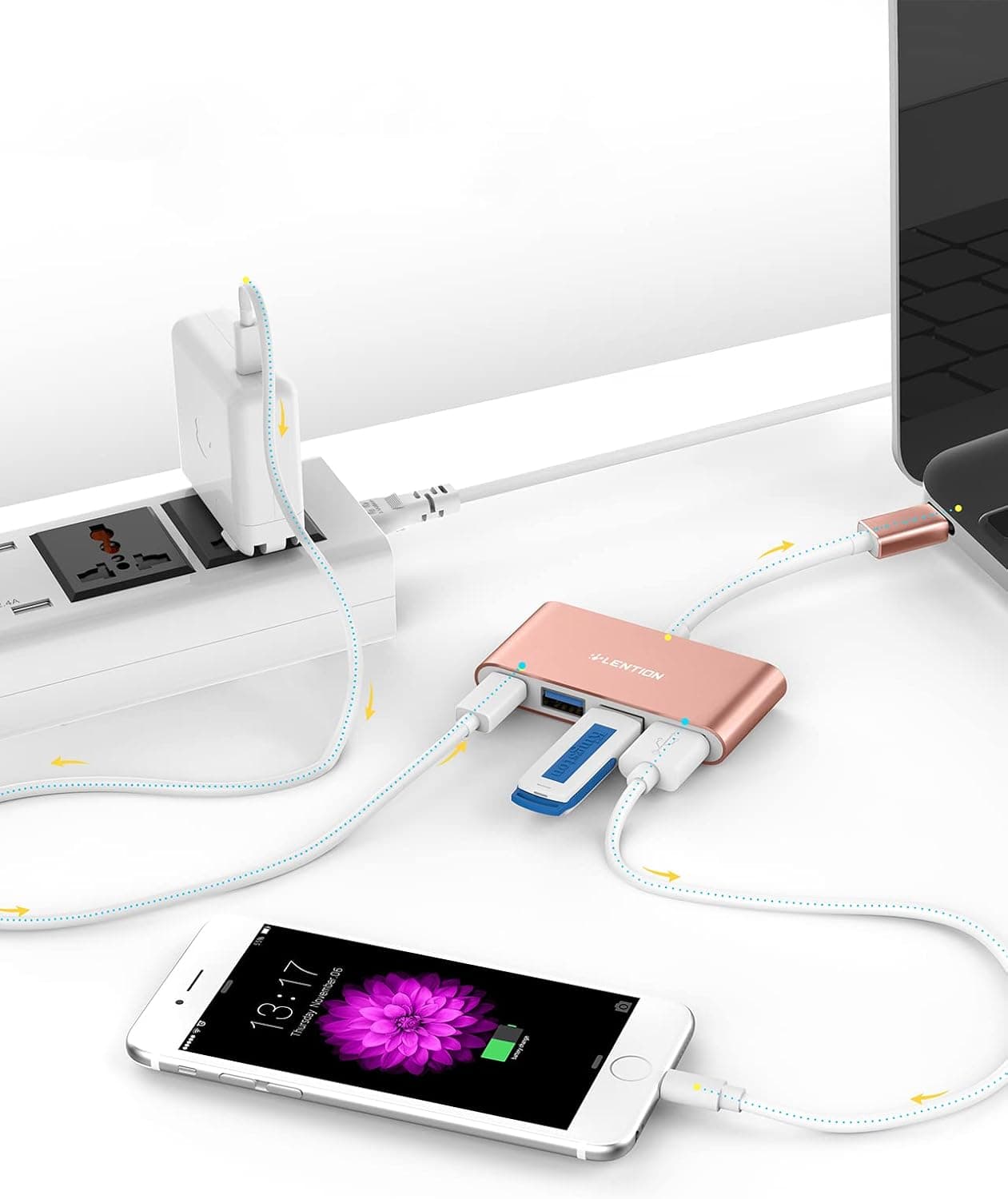 هاب USB-C چهار در یک LENTION سه پورت USB 3.0 مدل CB-C13se رزگلد هاب USB-C چهار در یک LENTION سه پورت USB 3.0 مدل CB-C13se رزگلد