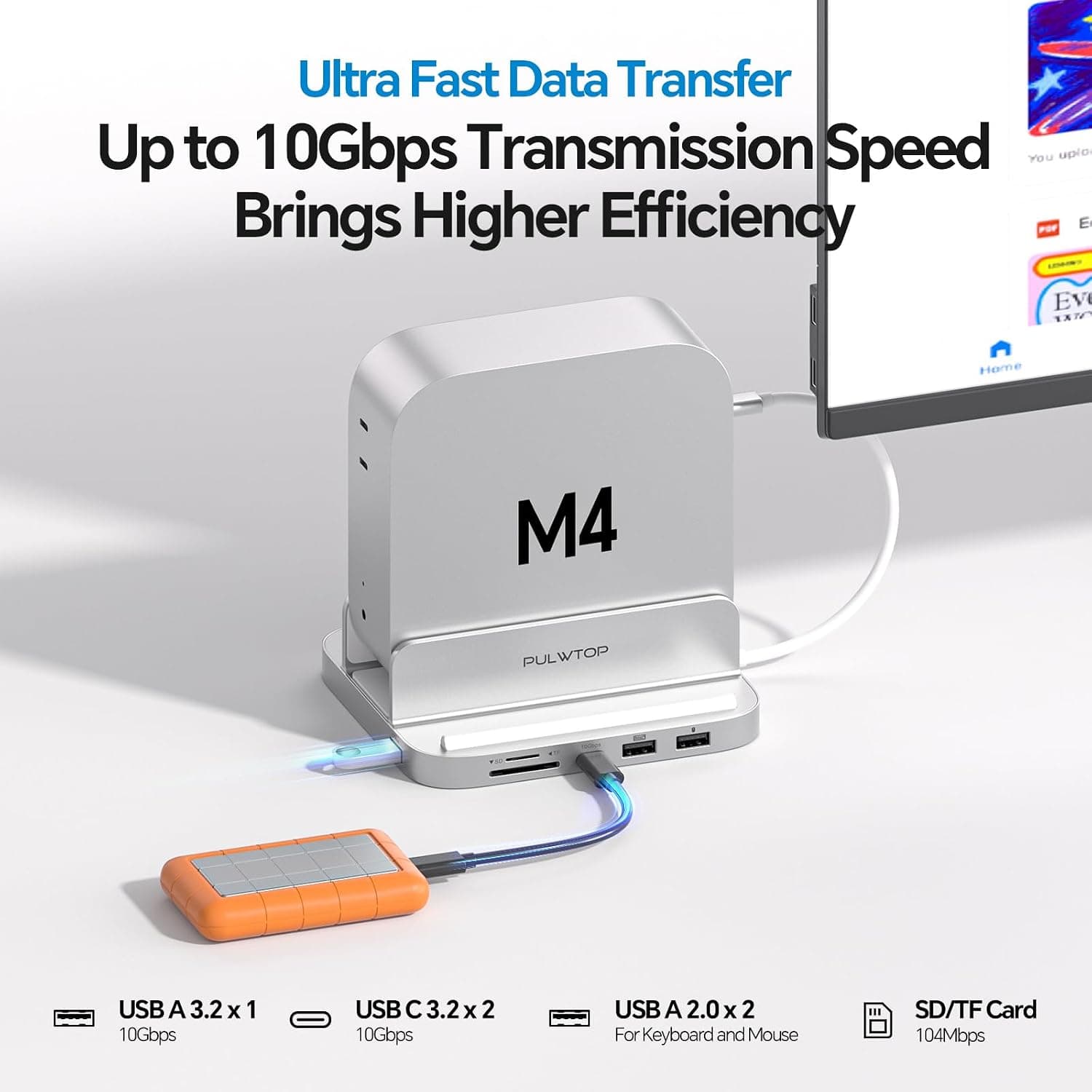 داک عمودی USB-C PULWTOP آلومینیومی با SSD M.2 4TB برای Mac mini M4 داک عمودی USB-C PULWTOP آلومینیومی با SSD M.2 4TB برای Mac mini M4