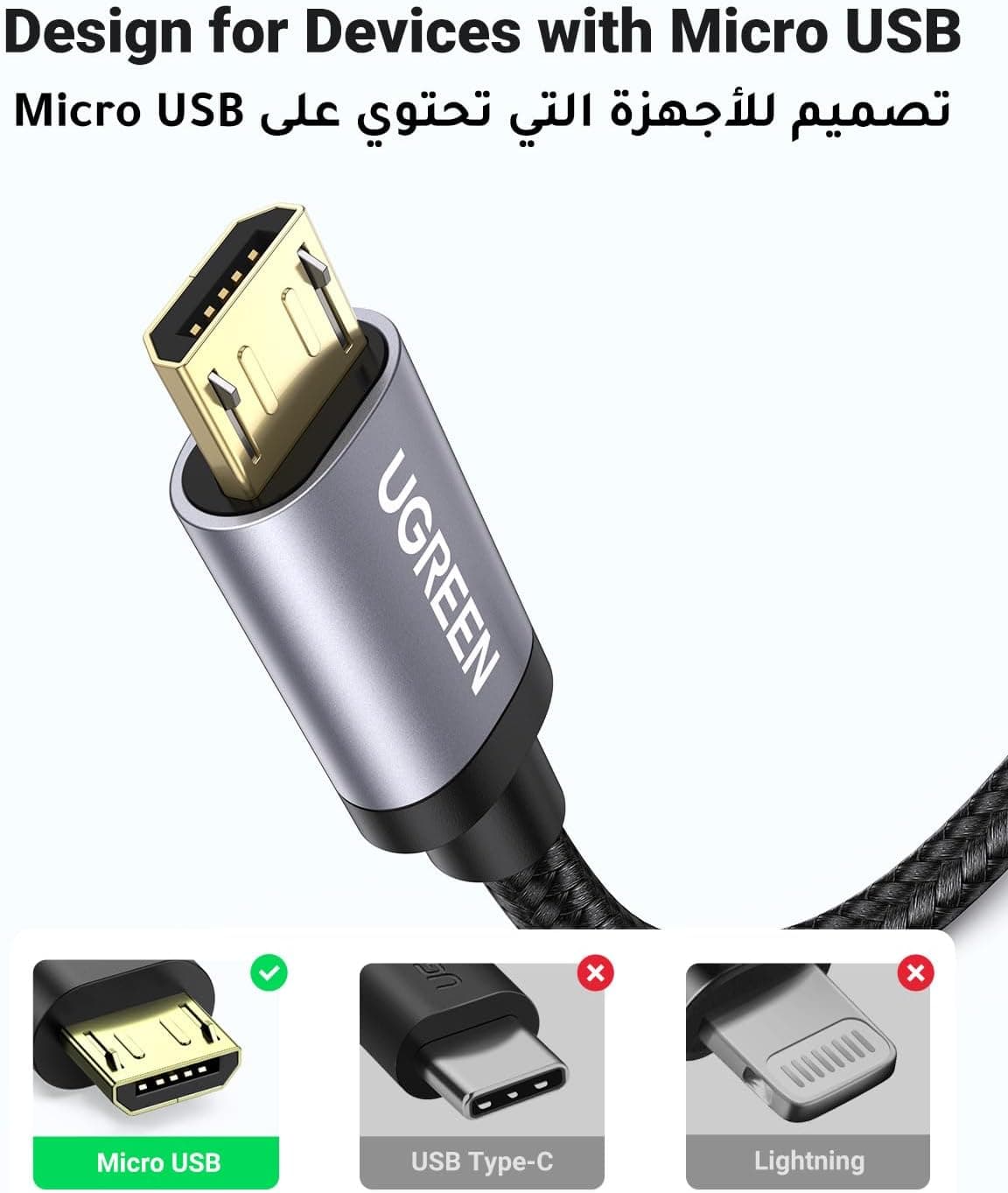 کابل میکرو USB مردانه UGREEN با طول 1M و شارژ سریع 18 وات کابل میکرو USB مردانه UGREEN با طول 1M و شارژ سریع 18 وات