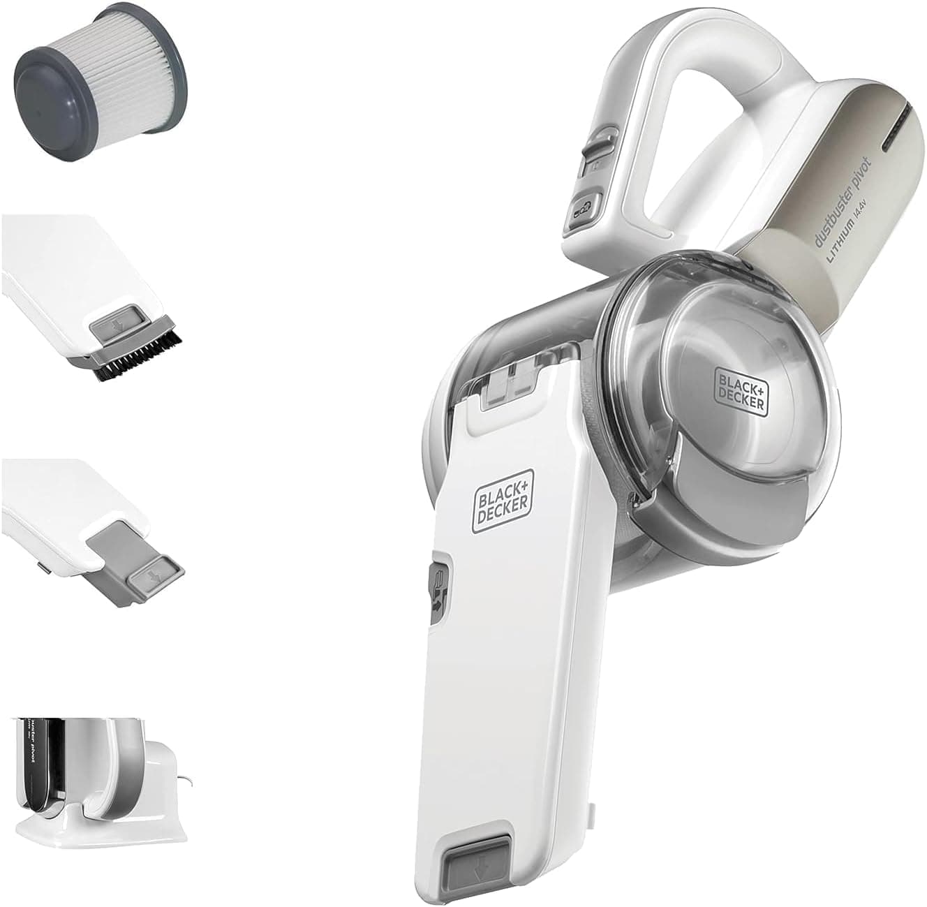 جاروبرقی دستی شارژی BLACK+DECKER با نازل قابل چرخش 21.6Wh برای خانه و خودرو، شامپاینی/سفید مدل PV1420L-B5 جاروبرقی دستی شارژی BLACK+DECKER با نازل قابل چرخش 21.6Wh برای خانه و خودرو، شامپاینی/سفید مدل PV1420L-B5