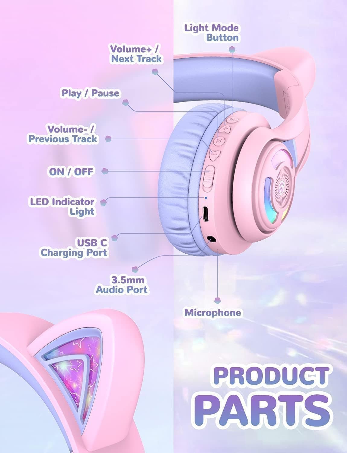 هدفون بلوتوث بچگانه iClever با میکروفون گوش گربهای LED مدل BTH13 هدفون بلوتوث بچگانه iClever با میکروفون گوش گربهای LED مدل BTH13