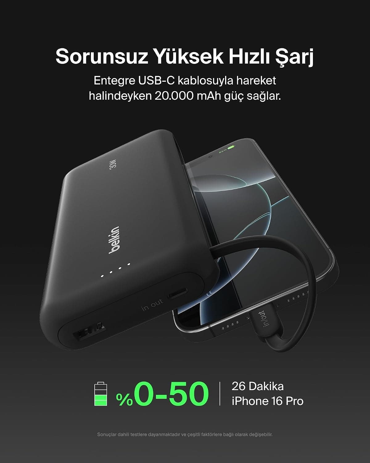 پاوربانک Belkin 20K با کابل داخلی، شارژ سریع 30 W، USB-C، مشکی پاوربانک Belkin 20K با کابل داخلی، شارژ سریع 30 W، USB-C، مشکی