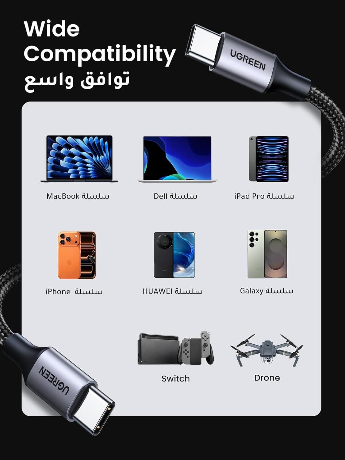 کابل Type C UGREEN شارژ سریع 60W سازگار با لپتاپ 1M کابل Type C UGREEN شارژ سریع 60W سازگار با لپتاپ 1M