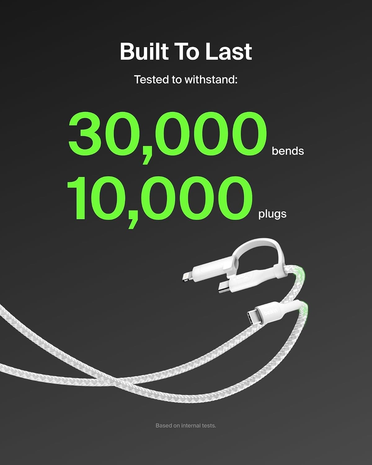 کابل شارژ ۲ در ۱ Belkin با USB-C و Lightning بافتهشده سفید کابل شارژ ۲ در ۱ Belkin با USB-C و Lightning بافتهشده سفید